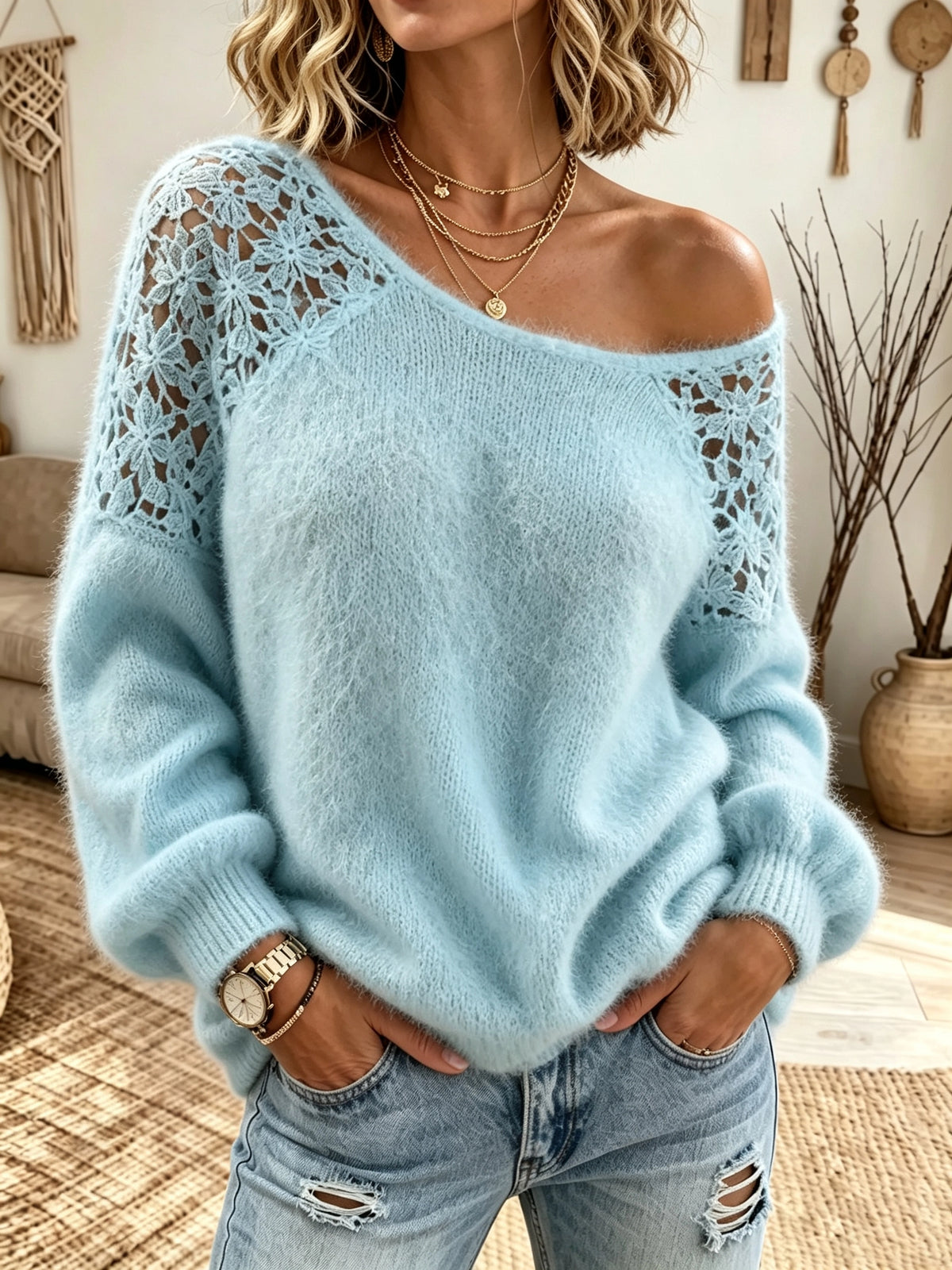 Women's Crochet Cutout Fuzzy Sweater