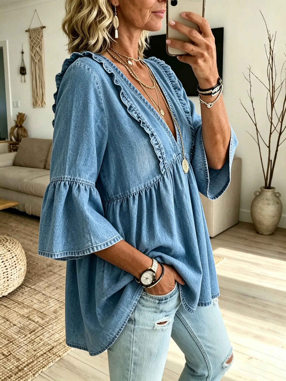 Women Solid Washed Denim V-neck Peplum Blouse