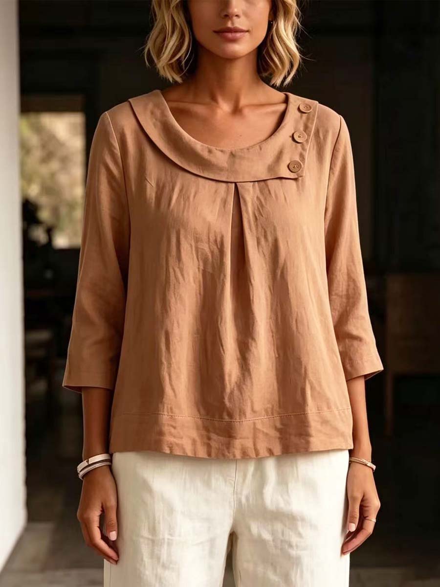 Elegant Round Collar Stylish 3/4 Sleeve Art Casual Cotton Linen Shirt