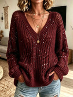 Women V‑Neck Hollow Mesh Sequin Embellished Oversized Long Sleeve Knit Sweater