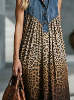 Women’s Denim Sleeveless Collar Leopard Print Patchwork Maxi Dress With Side Pockets