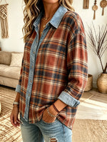 Women's Plaid Denim-Patch Button-Down Shirt