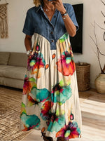 Women’s Denim Spliced Watercolor Floral Loose Midi Dress With Pockets