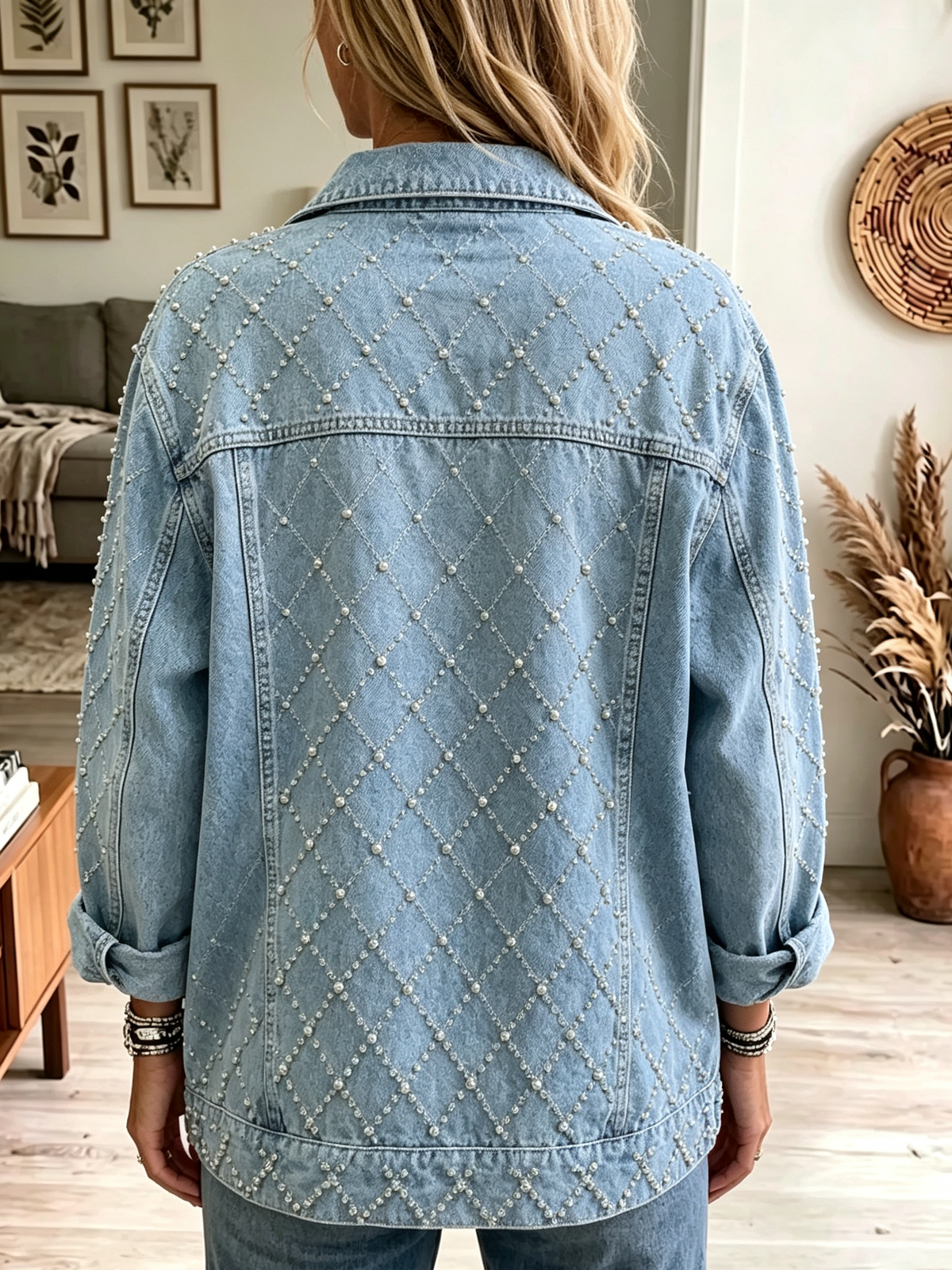 Women's Diamond Pearl Studded Denim Jacket