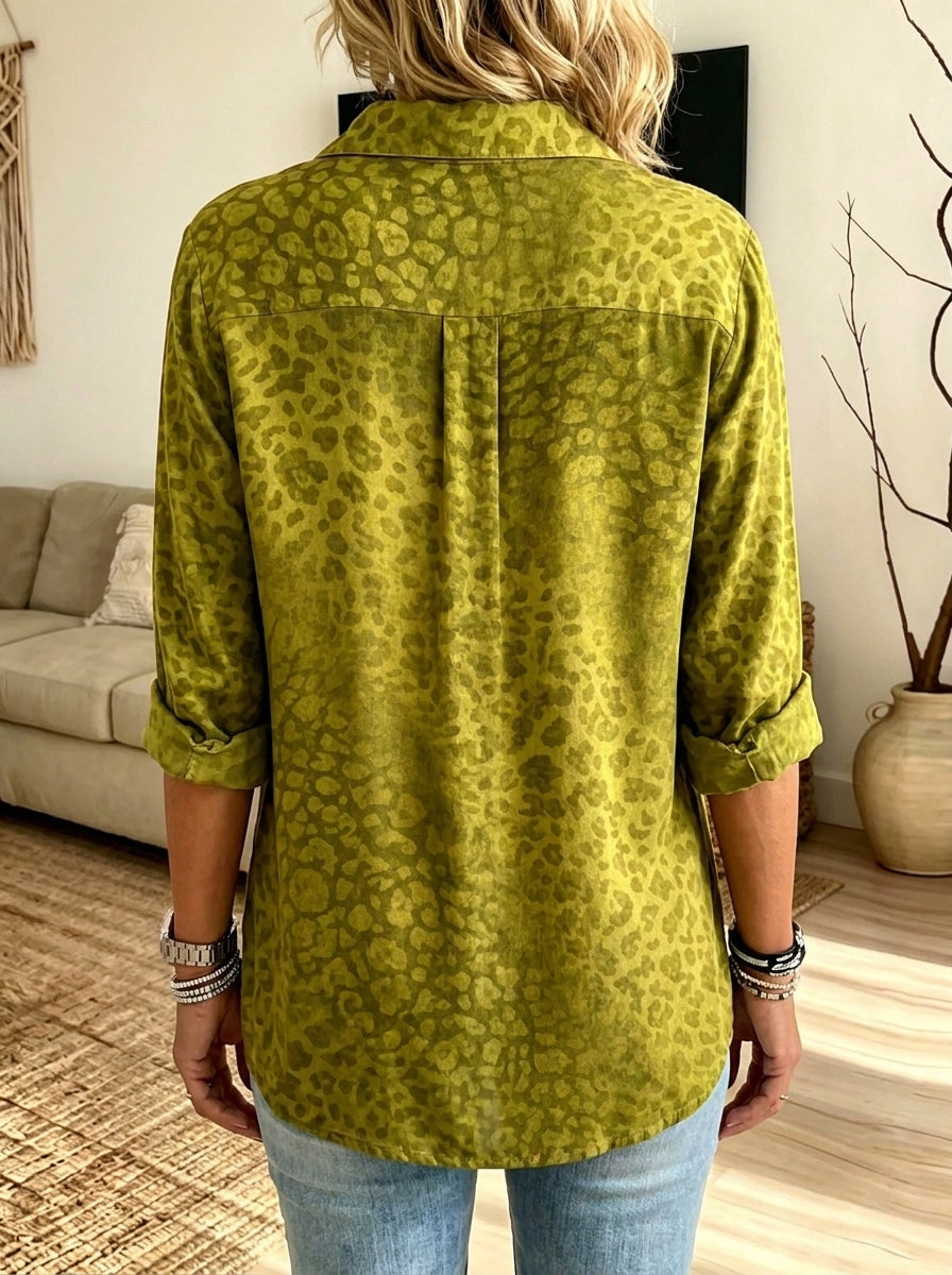 Women Olive Green Leopard Print Button Down Shirt Lapel Long Sleeve Loose Casual Blouse