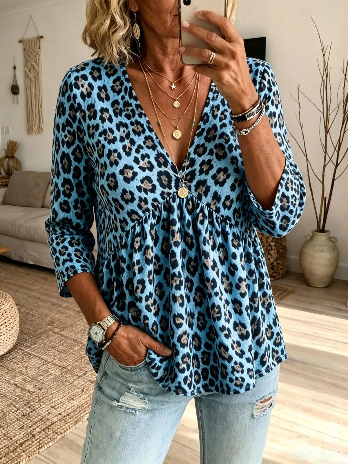 Women's Classic Leopard Print V-Neck Babydoll 3/4 Sleeve Top