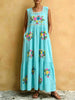 Women's Sleeveless Lace Trim Colorful Floral Embroidery Print Tiered Maxi Dress