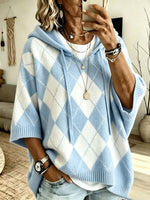 Women Argyle Diamond Pattern Hooded Half‑Sleeve Knit Sweater