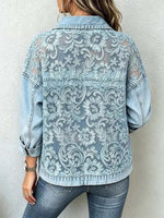 Retro Floral Lace Patchwork Long Sleeve Lapel Casual Stylish Denim Coat