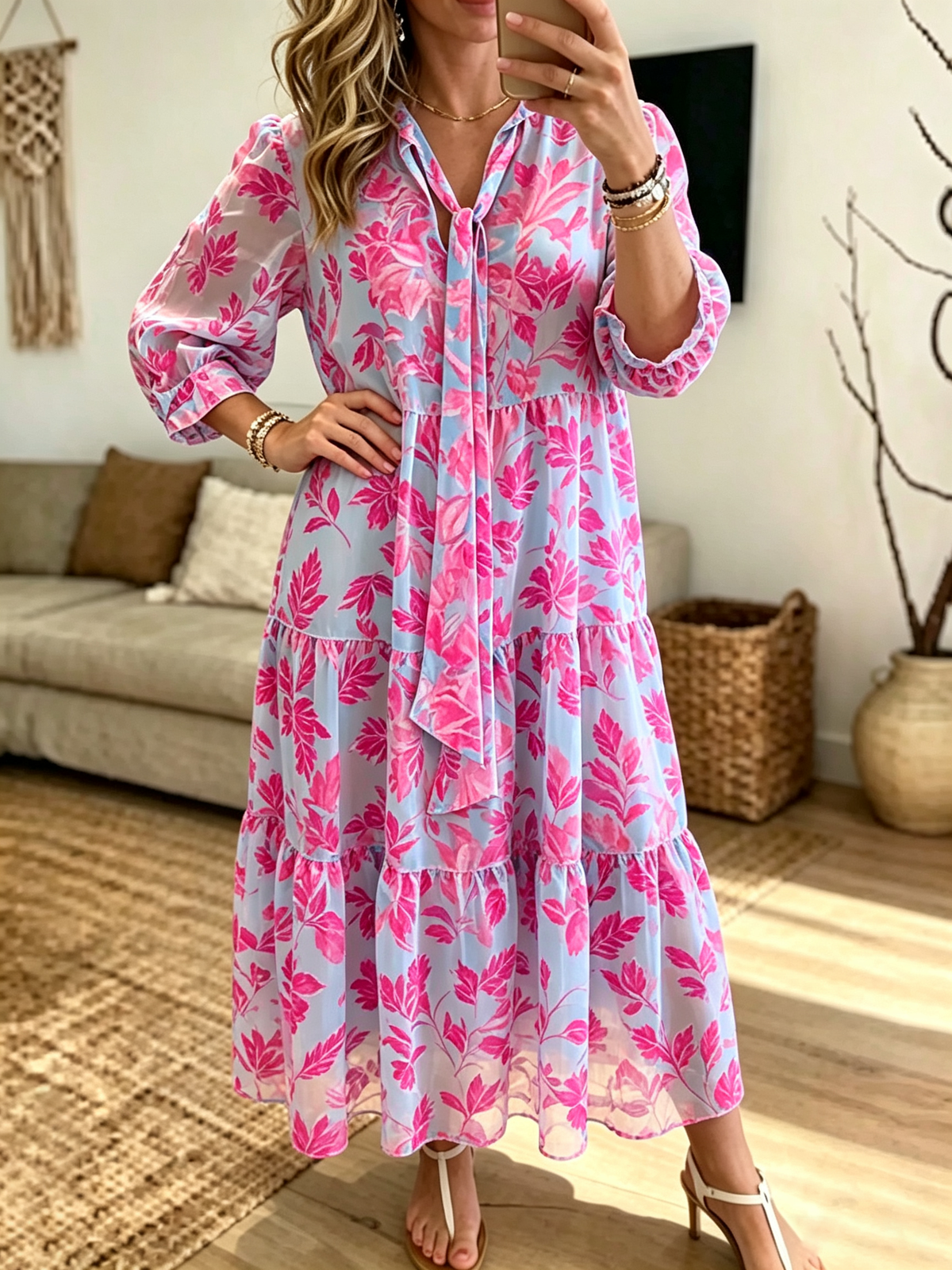 Women's Floral Print Tie-Neck Tiered Maxi Dress