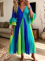 Women Color Block Pleated Midi Dress V‑Neck Layered Ruffle 3/4 Sleeve Flowy Chiffon Dress