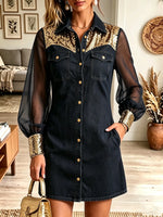 Women's Sequin Patchwork Sheer Sleeve Denim Dress