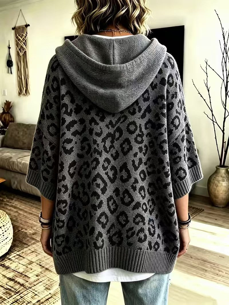 Women Leopard Print Drawstring Hooded Half‑Sleeve Knit Sweater