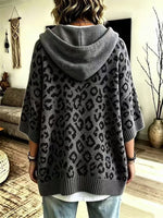 Women Leopard Print Drawstring Hooded Half‑Sleeve Knit Sweater