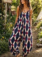 Women’s Boho Tie Dye Geometric Spaghetti Strap Harem Jumpsuit With Pockets