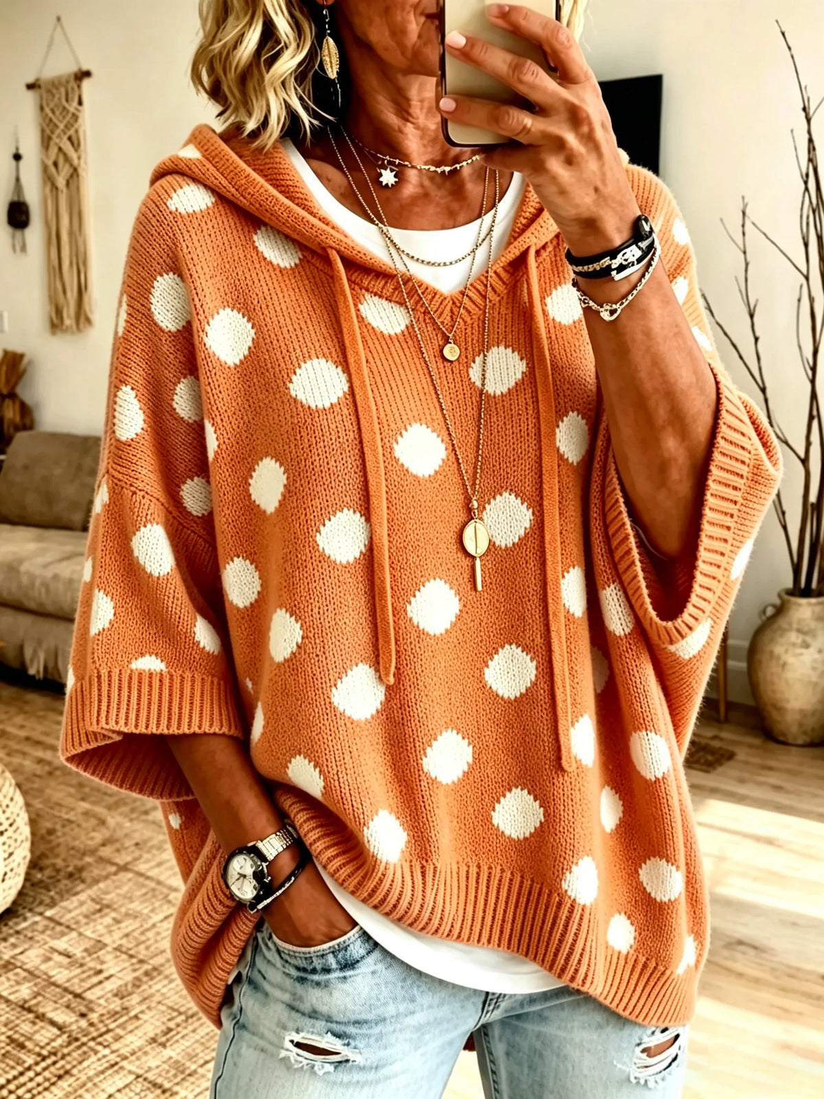 Women White Polka Dot Print Hooded Short Sleeve Knit Top