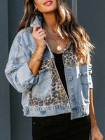 Retro Leopard Patchwork Long Sleeve Lapel Casual Stylish Denim Coat