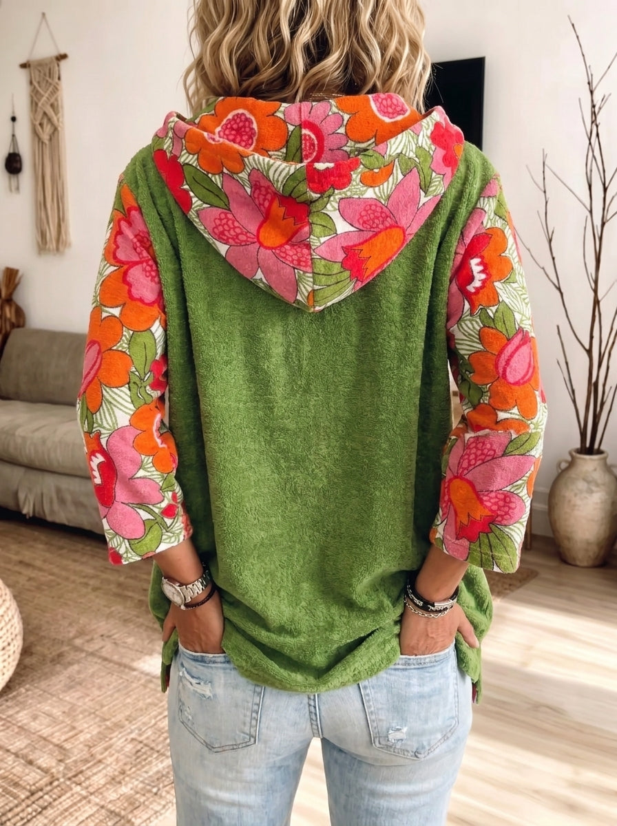 Women Green Terry Hoodie Retro Floral Splice 3/4 Sleeve Kangaroo Pocket Casual Top
