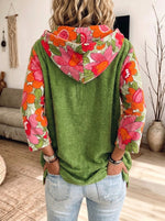 Women Green Terry Hoodie Retro Floral Splice 3/4 Sleeve Kangaroo Pocket Casual Top