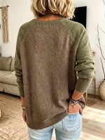 Women Color Block Raglan Sleeve Henley Knit Sweater Loose Long Sleeve Top
