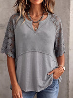 Vintage Elegant Openwork Lace Patchwork Waffle Shirt