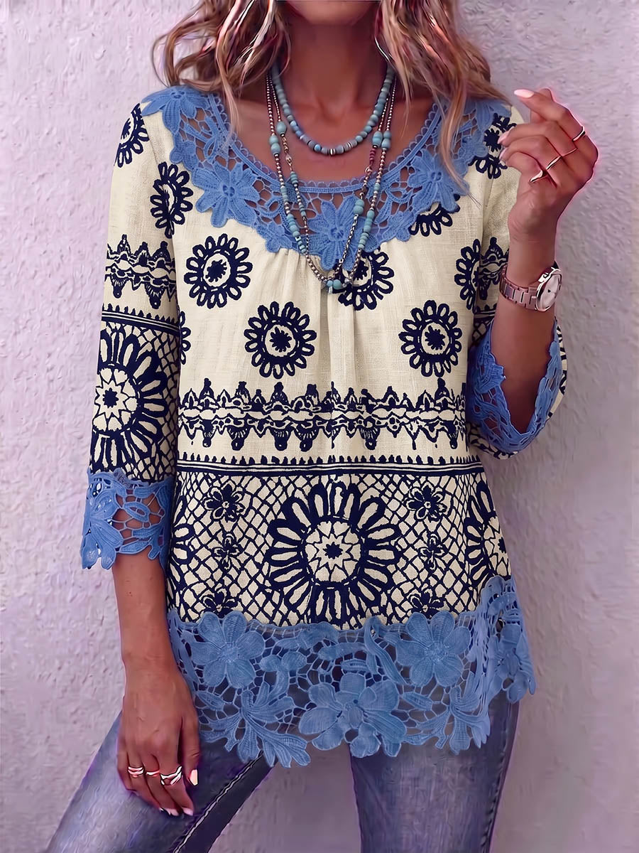 Vintage Elegant Pattern Print Patchwork Hollowed Out Lace Shirt