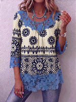 Vintage Elegant Pattern Print Patchwork Hollowed Out Lace Shirt