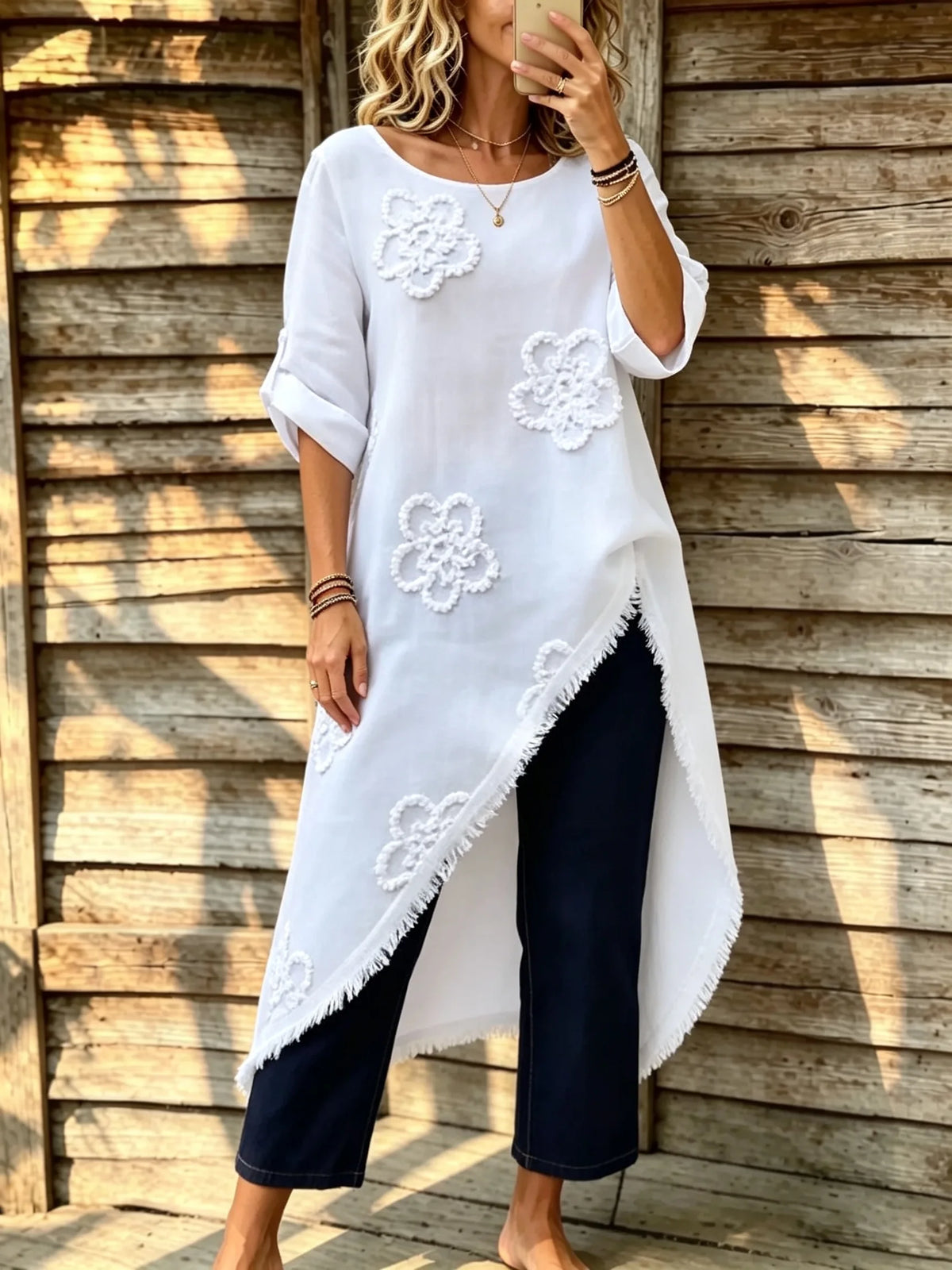Women's 3d Floral Embellished Irregular Slanted Three-quarter Sleeve Long Cardigan