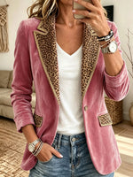 Women Pink Velvet Blazer Leopard Contrast Lapel Single Button Elegant Suit Jacket