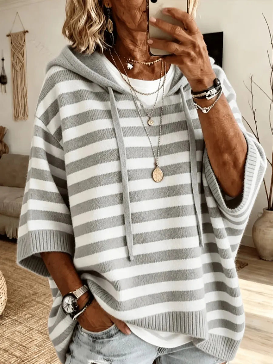 Retro Stripe Pattern Art Hooded Casual Stylish Knitted Top