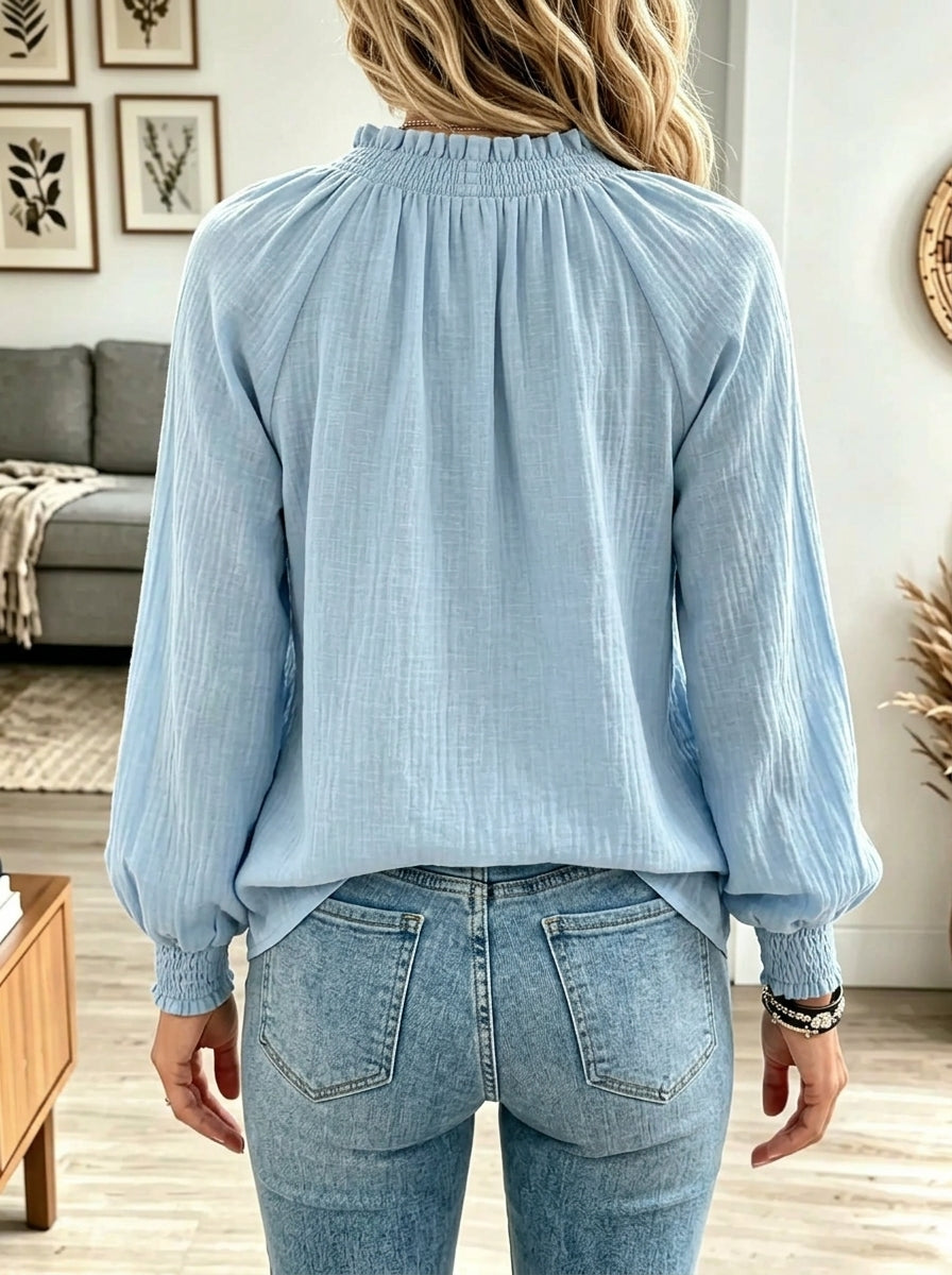 Women's Ruffled High Neck Balloon Sleeve Blouse