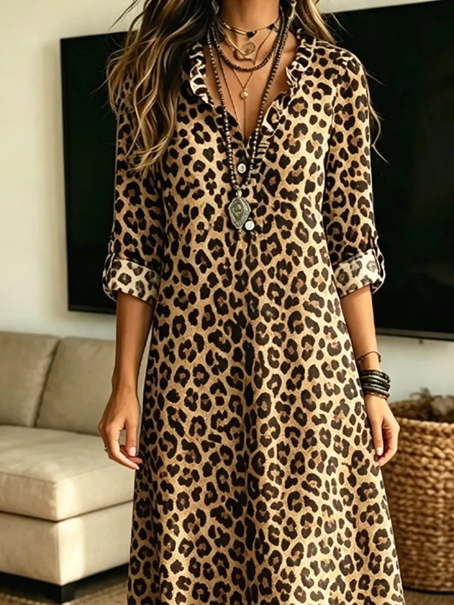 Retro Leopard Pattern Art Casual Long Sleeve Stylish Cotton Linen Dress