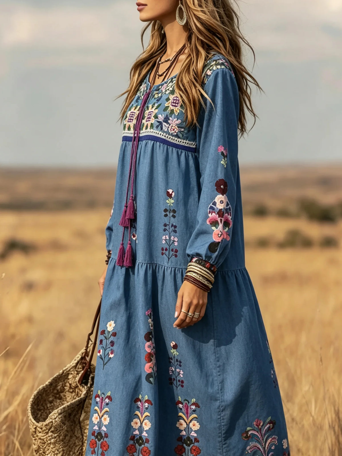 Women Ethnic Floral Print Drawstring Long Sleeve Maxi Dress