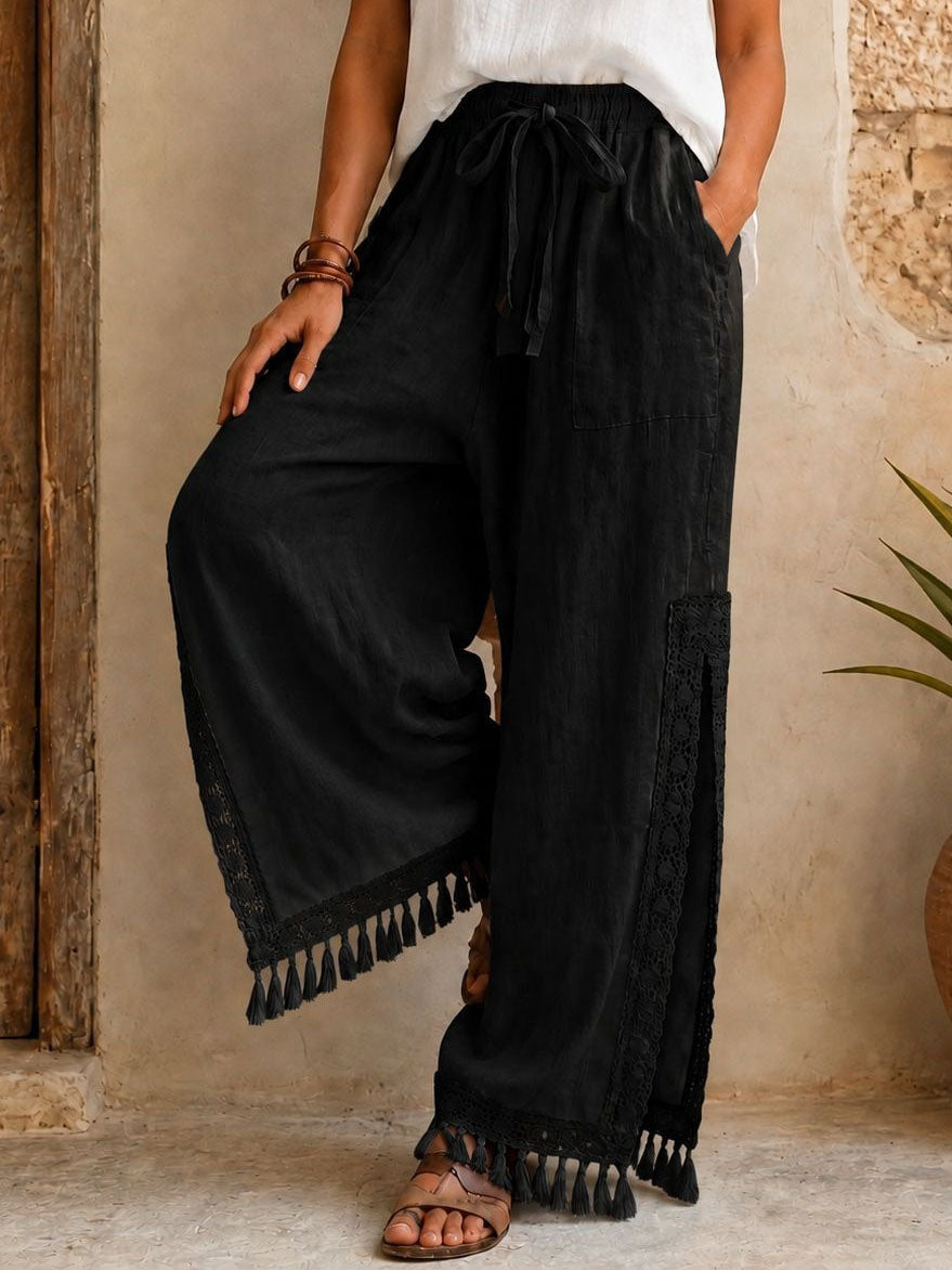 Women's Bohemian Lace Tassel Slit Linen Pants