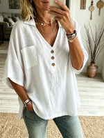 Women Solid Basic Pocket Henley Linen Short Sleeve Shirt