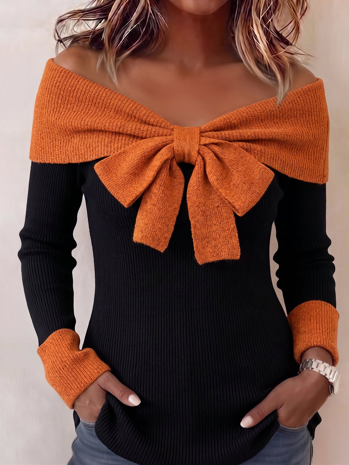 Women Off‑Shoulder Bow Decor Color Block Ribbed Knit Sweater Long Sleeve Top