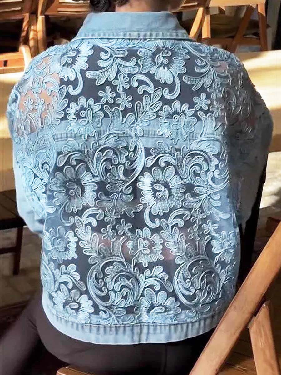 Retro Floral Lace Patchwork Long Sleeve Lapel Casual Stylish Denim Coat