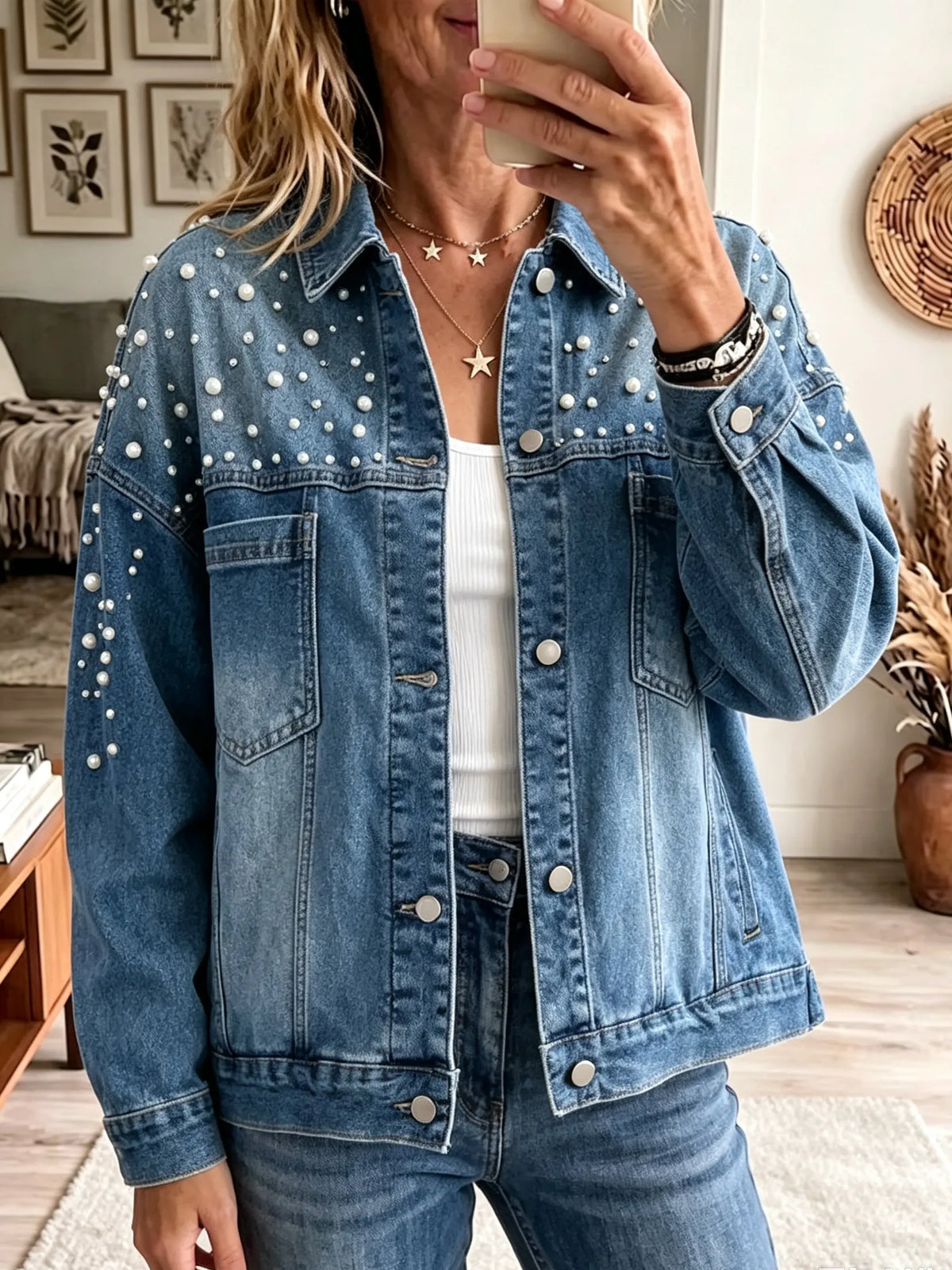 Women's Pearl Studded Oversized Denim Jacket