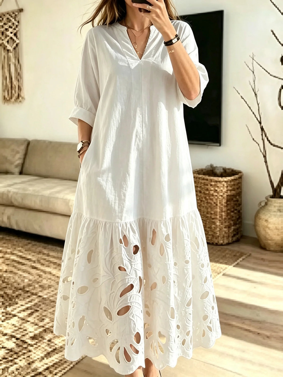 Women's Solid Hollow Out Art V-Neck Loose Maxi Dress