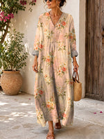 Retro Floral Pattern Art Print Casual V-neck Long Sleeve Cotton Linen Maxi Dress