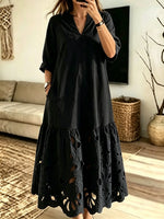 Women's Solid Hollow Out Art V-Neck Loose Maxi Dress