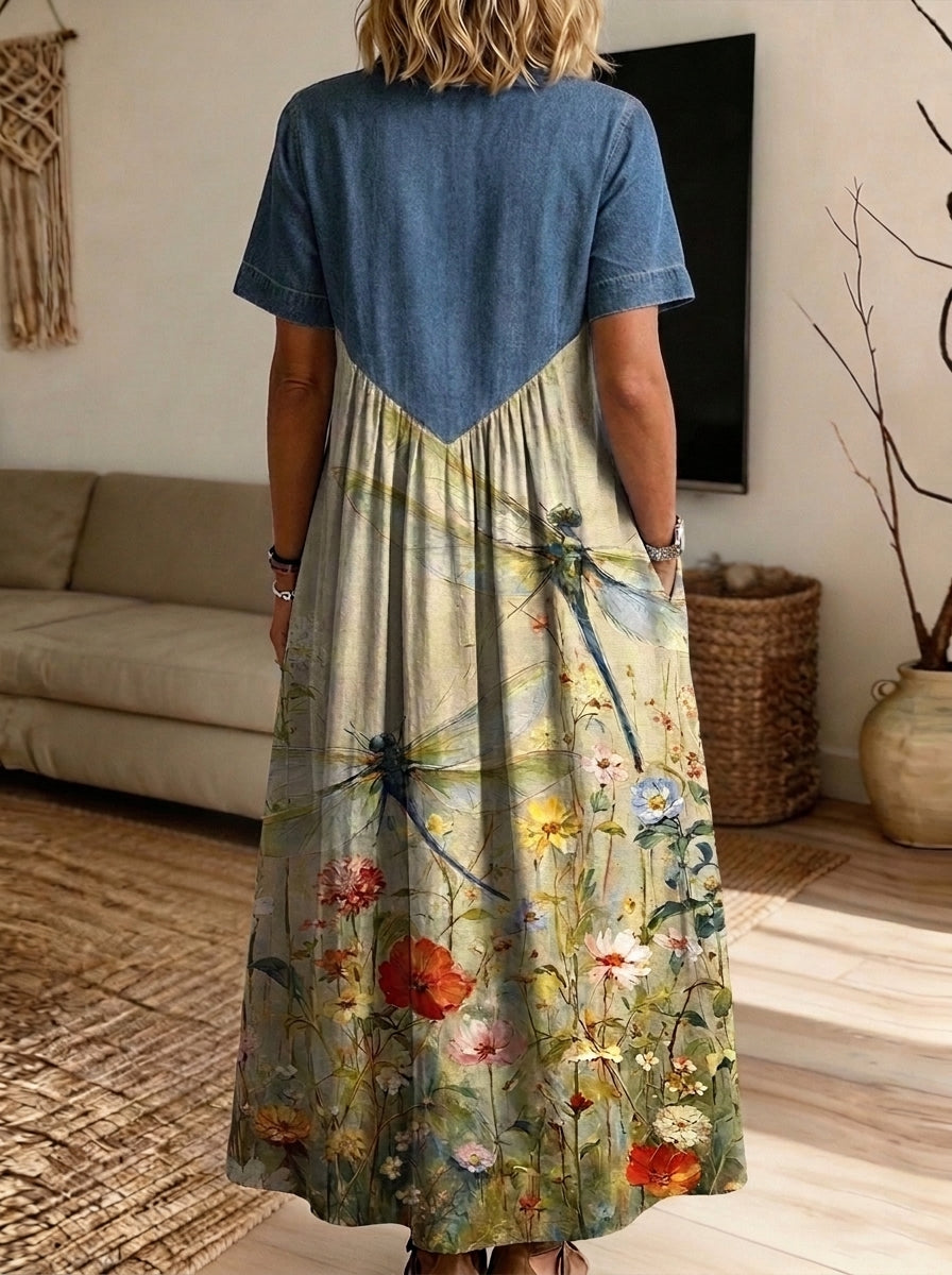 Women’s Denim Spliced Dragonfly Wildflower Print Shirt Midi Dress With Pockets