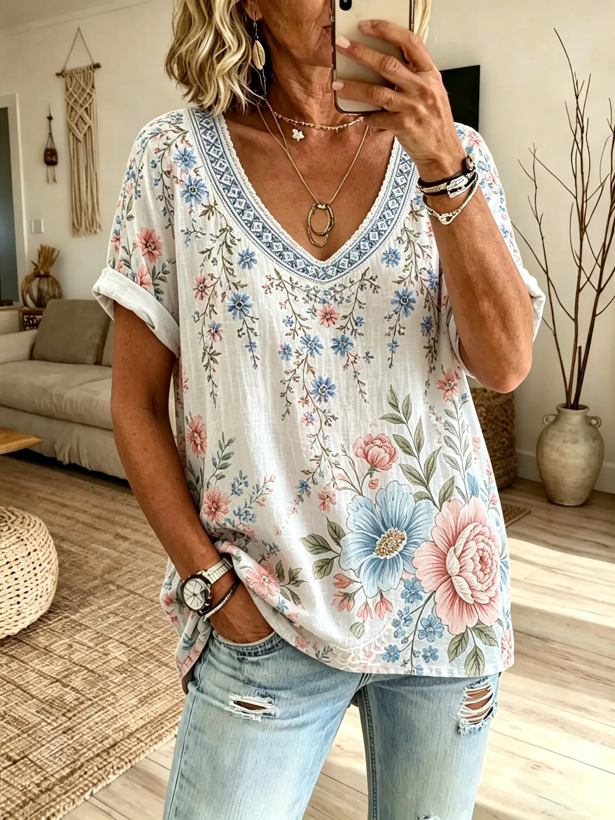 Women's White Base Large Peony Daisy Floral Print V-Neck Loose Short Sleeve Blouse