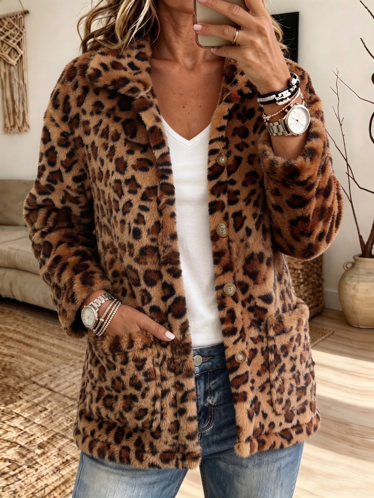 Women Leopard Print Fuzzy Fleece Jacket Lapel Button Down Warm Plush Coat
