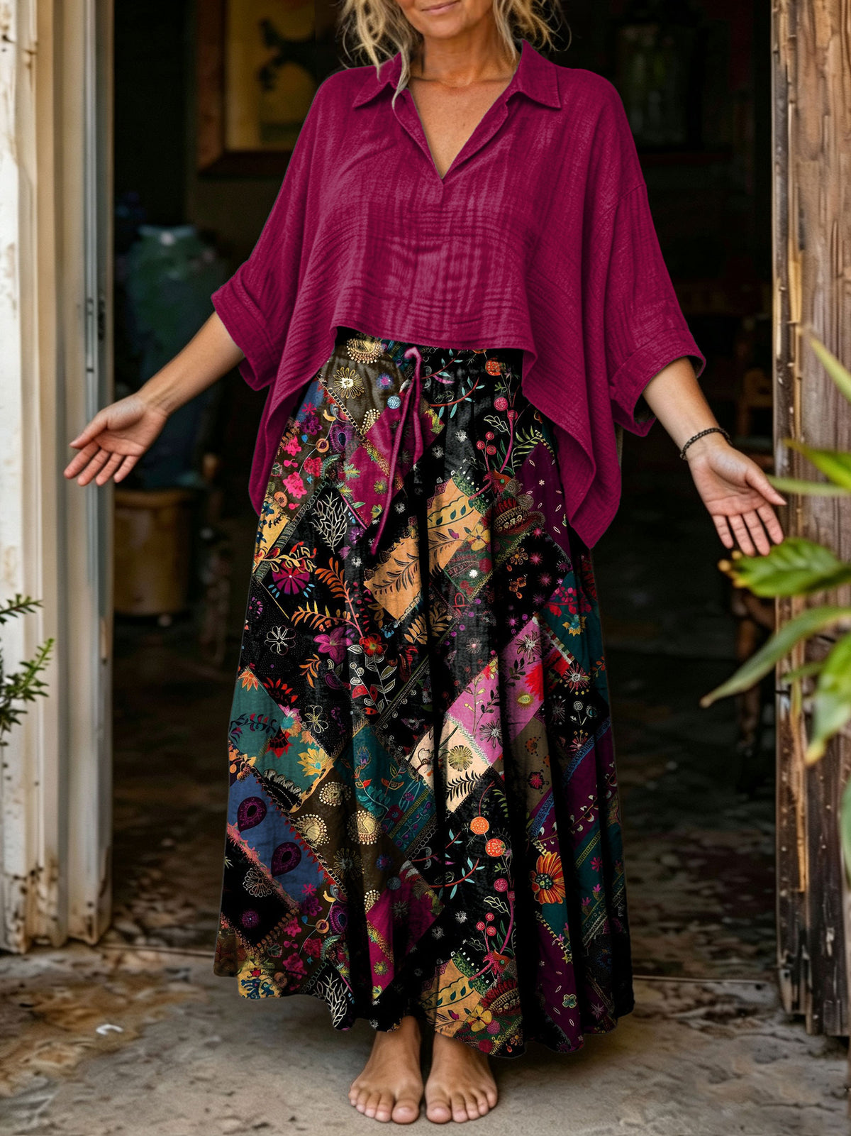 Women's Solid Magenta Oversized Shirt & Patchwork Floral Wide Leg Pants Boho 2 Piece Set