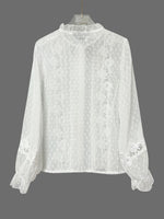 Elegant Floral Hollow Ruffle Long Sleeve Art Casual Lace Button Shirt