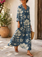 Retro Floral Pattern Art Print Casual V-neck Long Sleeve Cotton Linen Maxi Dress