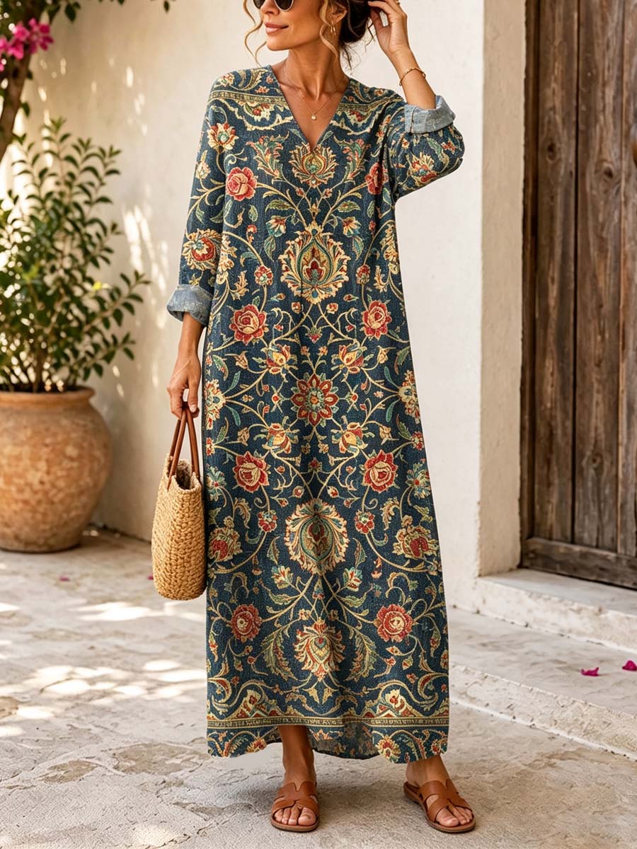 Retro Ethnic Floral Pattern Art Print Casual V-neck Long Sleeve Cotton Linen Maxi Dress