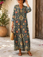 Retro Ethnic Floral Pattern Art Print Casual V-neck Long Sleeve Cotton Linen Maxi Dress