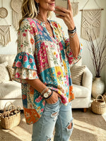 Women's Patchwork Floral Stand Neck Ruffle 3/4 Flare Sleeve Shirt
